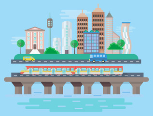 Naklejka premium Vector Urban modern city landscape flat concept illustration. Smart city subway, cars, buildings and skyscrapers. Cityscape landscape.