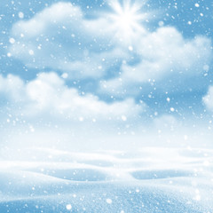 Winter background. Winter landscape with snowdrifts  and blue sky with clouds