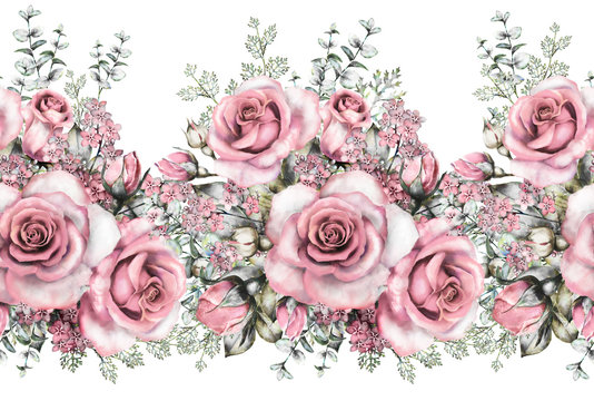 Fototapeta isolated Seamless pattern border with pink flowers, leaves, vintage watercolor floral pattern with leaf and rose, herbs, pastel color, seamless floral rim, seamless band for cards, wedding or fabric.