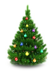3d illustration of green Christmas tree over white background with lights and glass balls