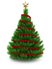3d illustration of green Christmas tree over white background with red tinsel and star
