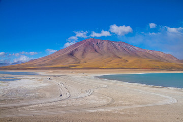 Desert and mountain over blue sky and white clouds on Altiplano,Bolivia Chile