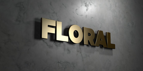 Floral - Gold sign mounted on glossy marble wall  - 3D rendered royalty free stock illustration. This image can be used for an online website banner ad or a print postcard.