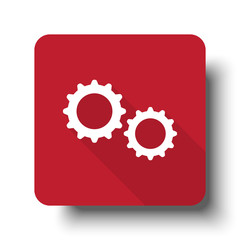 Flat Gears web icon on red button with drop shadow