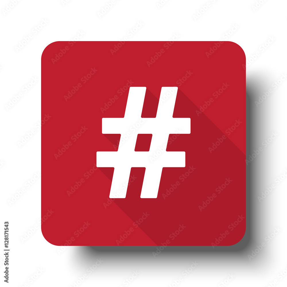 Wall mural flat hashtag web icon on red button with drop shadow