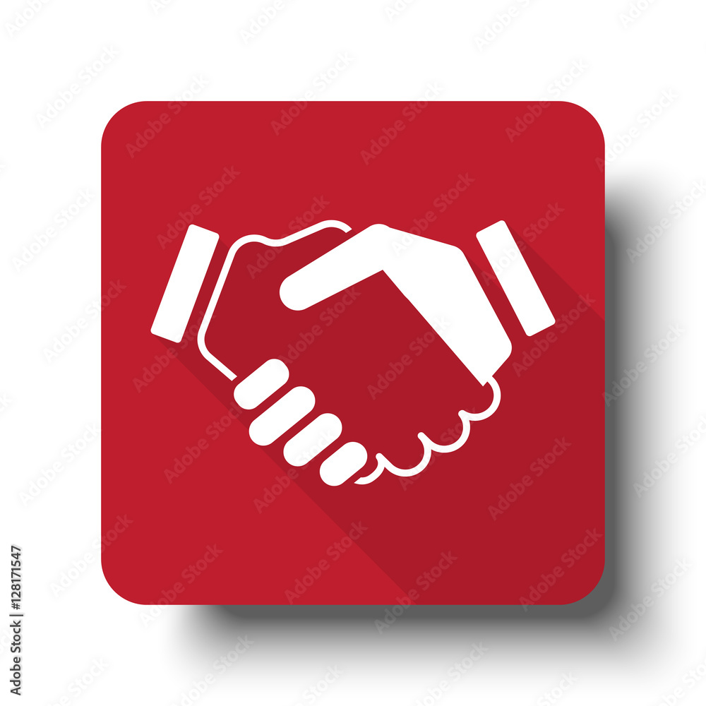 Wall mural flat handshake agreement web icon on red button with drop shadow