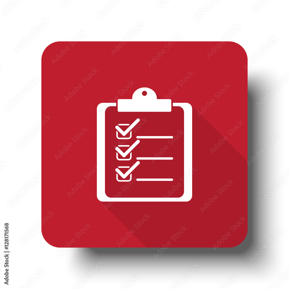 Wall mural flat clipboard checklist web icon on red button with drop shadow