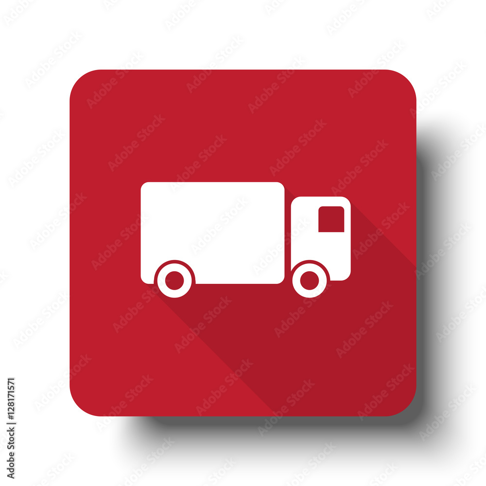 Wall mural flat delivery truck web icon on red button with drop shadow
