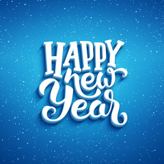 Happy New Year lettering on blue blurry vector background with sparkles. Greeting card design template with 3D typography label