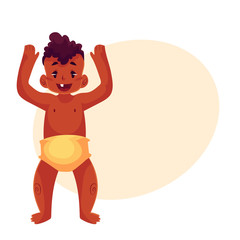 Cute little black baby boy dancing happily, cartoon vector illustrations isolated on yellow background. Little african boy, kid, child, baby, infant dancing from happiness with raised hands