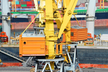 Bulk cargo ship under port crane