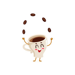 Funny energetic espresso cup character juggling coffee beans, cartoon style vector illustration isolated on white background. Cute espresso coffee cup character, morning energy boost