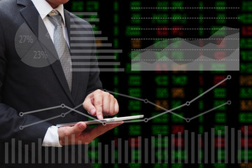 Business Man touching modern tablet with the virtual panel of pi