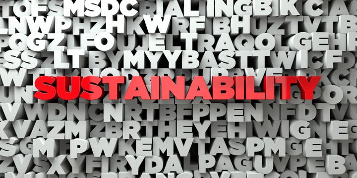 SUSTAINABILITY -  Red text on typography background - 3D rendered royalty free stock image. This image can be used for an online website banner ad or a print postcard.