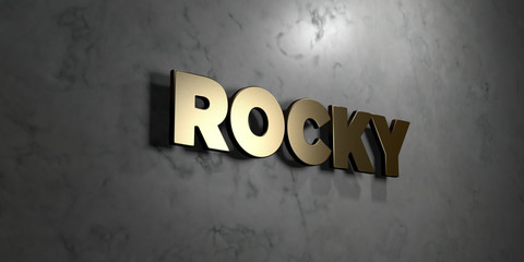 Rocky - Gold sign mounted on glossy marble wall  - 3D rendered royalty free stock illustration. This image can be used for an online website banner ad or a print postcard.