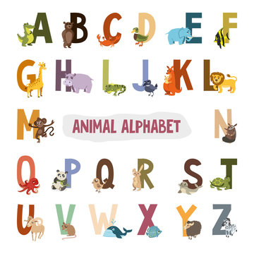 English alphabet with animals. vector illustration. Pictures for