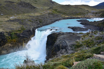 Naklejka na ściany i meble Landscape of rivers, lake and waterfalls in Patagonia Chile