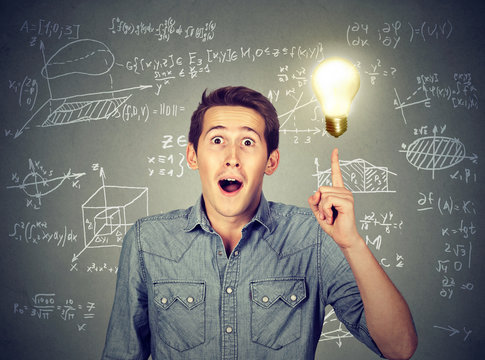 student with idea light bulb and high school maths formulas
