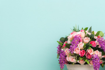 colorful of rose in flowerpot on pastel cement wall