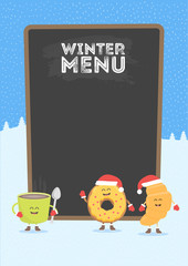 Funny cute fast food coffee, croissant and donut drawn with a smile, eyes and hands. Christmas and New Year winter style. Dressed in Santa hat and warm gloves