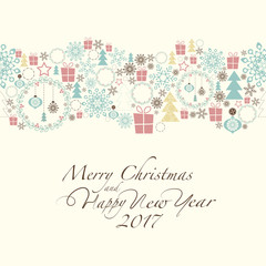 At the top of the card contains the Christmas decorations and symbols of Christmas and new year. At the bottom of the postcard the phrase merry christmas and happy new year and number 2,0,1,7.
