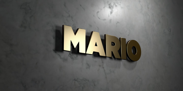 Mario - Gold sign mounted on glossy marble wall  - 3D rendered royalty free stock illustration. This image can be used for an online website banner ad or a print postcard.