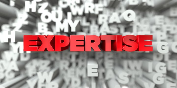EXPERTISE -  Red text on typography background - 3D rendered royalty free stock image. This image can be used for an online website banner ad or a print postcard.
