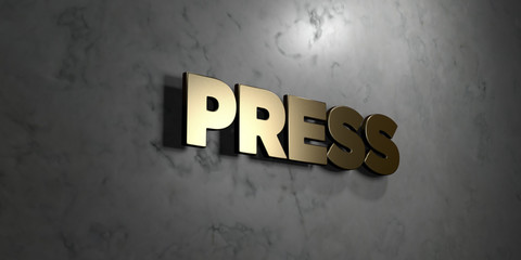 Press - Gold sign mounted on glossy marble wall  - 3D rendered royalty free stock illustration. This image can be used for an online website banner ad or a print postcard.