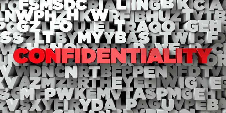 CONFIDENTIALITY -  Red text on typography background - 3D rendered royalty free stock image. This image can be used for an online website banner ad or a print postcard.