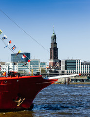 Port of Hamburg. St. Michaelis Church in the background