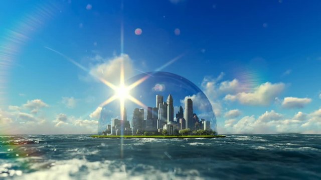 Modern city in a glass dome on ocean, timelapse clouds