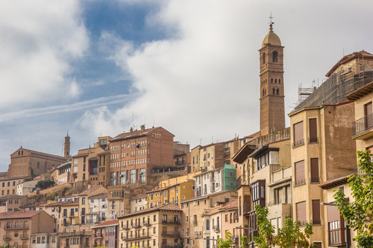 Houses and church tower on the hill in Tarazona