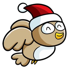 Funny and cute flying owl wearing santa's hat - vector.