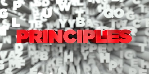 PRINCIPLES -  Red text on typography background - 3D rendered royalty free stock image. This image can be used for an online website banner ad or a print postcard.
