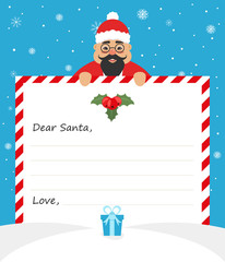 Handsome Asian Santa in uniform suit is holding a paper and smiling friendly. Merry Christmas and Happy New Year.