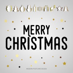 Merry Christmas gift poster. Papercut icon items. Christmas gold