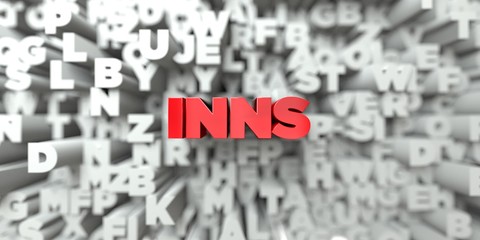 INNS -  Red text on typography background - 3D rendered royalty free stock image. This image can be used for an online website banner ad or a print postcard.
