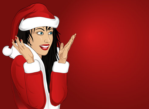 Beautiful woman in costume of Santa Claus surprised and shows hands wow. Vector. 