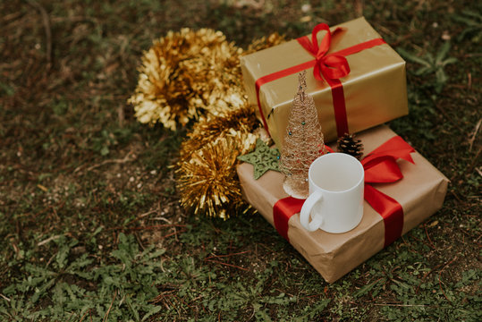 Christmas gifts on ground