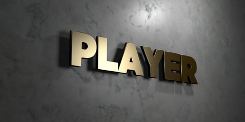 Player - Gold sign mounted on glossy marble wall  - 3D rendered royalty free stock illustration. This image can be used for an online website banner ad or a print postcard.