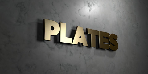 Plates - Gold sign mounted on glossy marble wall  - 3D rendered royalty free stock illustration. This image can be used for an online website banner ad or a print postcard.