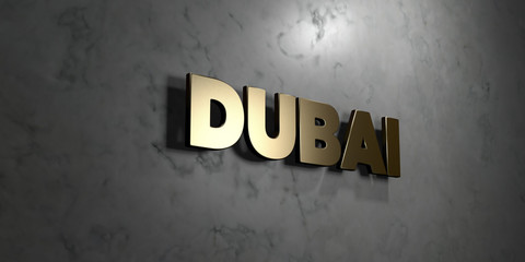Dubai - Gold sign mounted on glossy marble wall  - 3D rendered royalty free stock illustration. This image can be used for an online website banner ad or a print postcard.