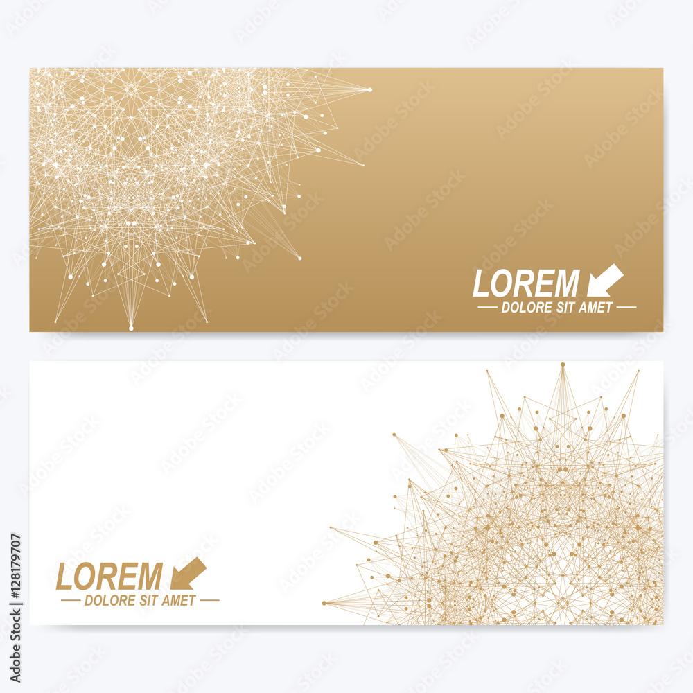 Poster Modern set of vector banners. Geometric abstract presentation with golden mandala. Molecule and communication background for medicine, science, technology, chemistry. Digital or science representation
