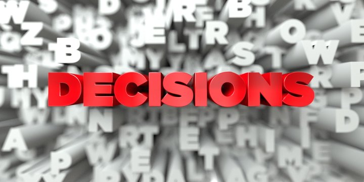 DECISIONS -  Red text on typography background - 3D rendered royalty free stock image. This image can be used for an online website banner ad or a print postcard.