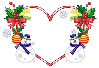 Heart-shaped frame with Christmas decorations and smiling snowman in funny hat. 