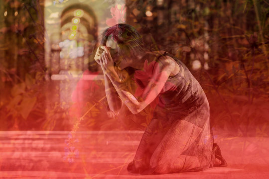 Double exposure of woman crying in cemetery and flowers