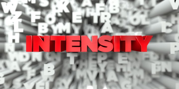 INTENSITY -  Red text on typography background - 3D rendered royalty free stock image. This image can be used for an online website banner ad or a print postcard.