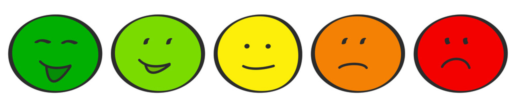 F&uuml;nf Smiley Gesichter von Sehr Gut bis Unzufrieden Zeichnung