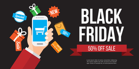 black friday sale. online shopping with smartphone. poster , banner , background or template. vector illustration.
