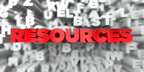 RESOURCES -  Red text on typography background - 3D rendered royalty free stock image. This image can be used for an online website banner ad or a print postcard. © Chris Titze Imaging